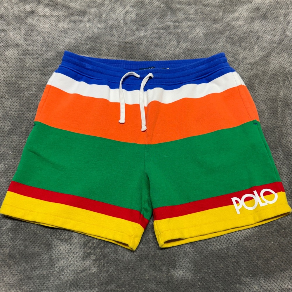 Polo Ralph Lauren Mens XL Multi Color Striped Fleece Shorts Drawstring Pony Logo